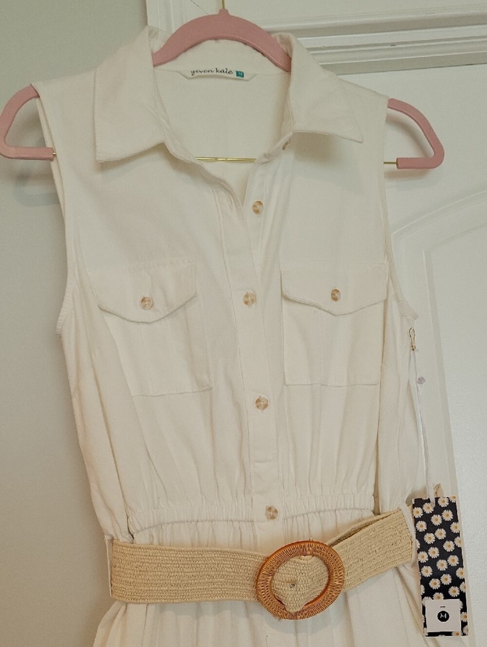 Sleeveless Cream Maxi Shirt Dress with Woven Round-Buckle Belt - Picture 3 of 12